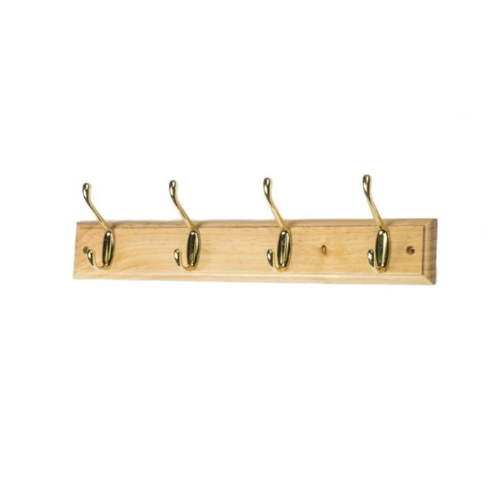 4 Brass Coat Hooks on Pine Block Board