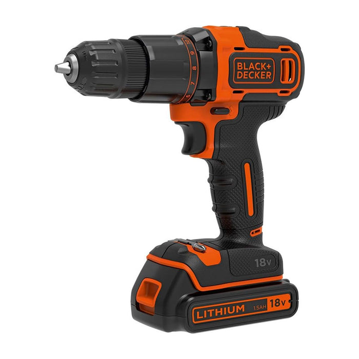 Black and Decker 18V Lithium-ion 2 Gear Hammer Drill 400mA Charger + 1 Battery + Kitbox BCD700S1K-GB