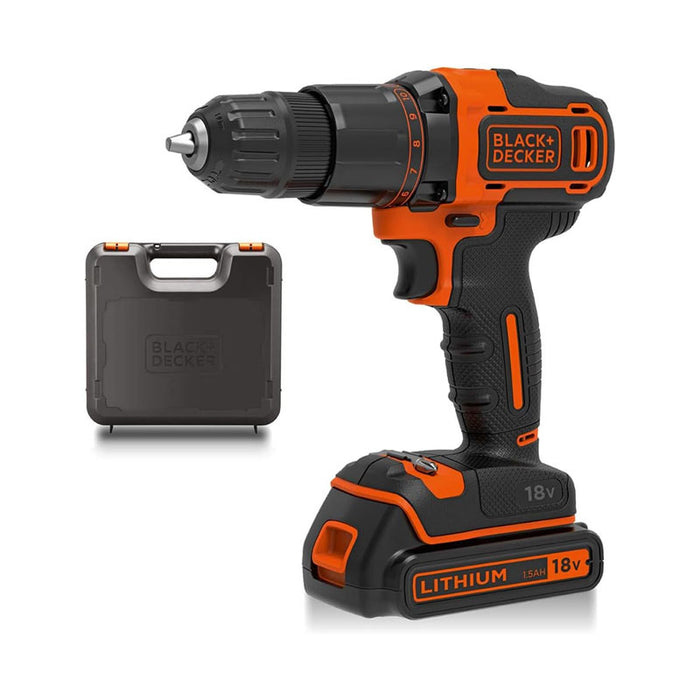 Black and Decker 18V Lithium-ion 2 Gear Hammer Drill 400mA Charger + 1 Battery + Kitbox BCD700S1K-GB