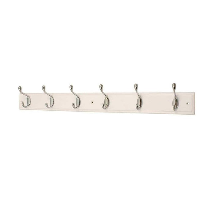 6 Satin Nickel Coat Hooks on White Block Board