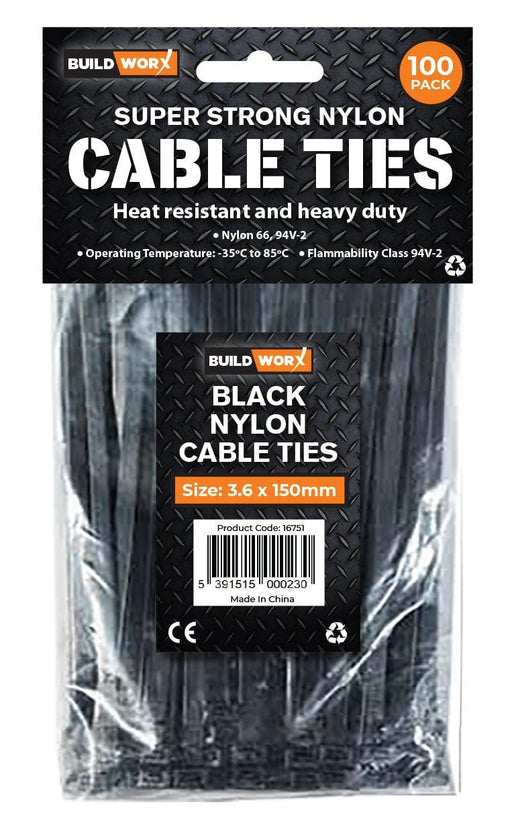 Buildworx Cable Ties 3.6  x 150 Black (Pack of 100) - General Hardware Supplies Homevalue