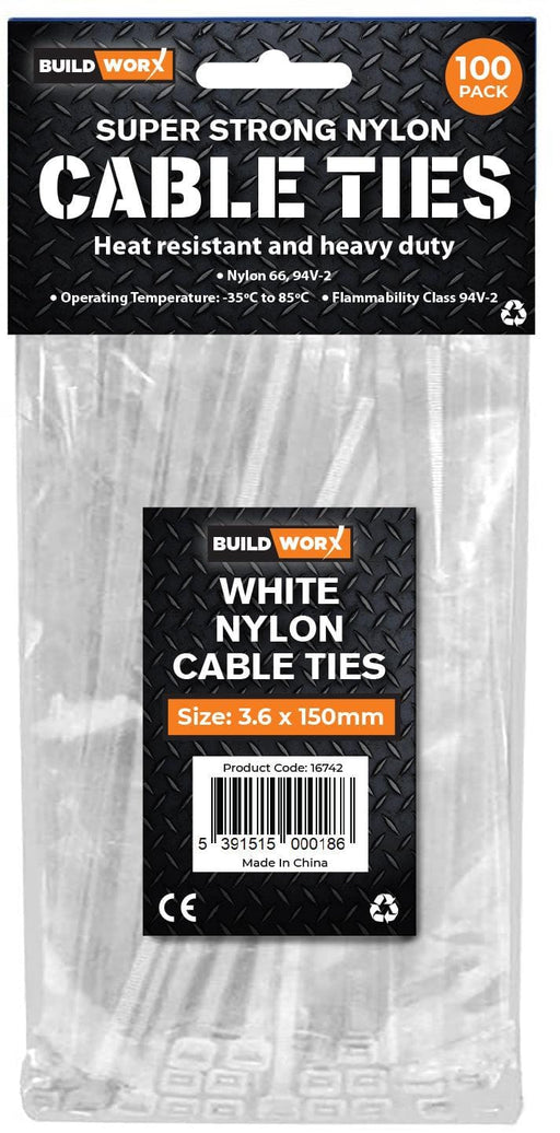 Buildworx Cable Ties 3.6  x 150 White (Pack of 100) - General Hardware Supplies Homevalue