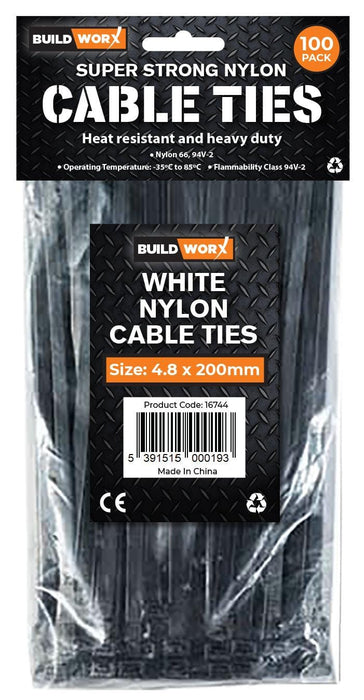 Buildworx Cable Ties 4.8 x 200 Black (Pack of 100) - General Hardware Supplies Homevalue