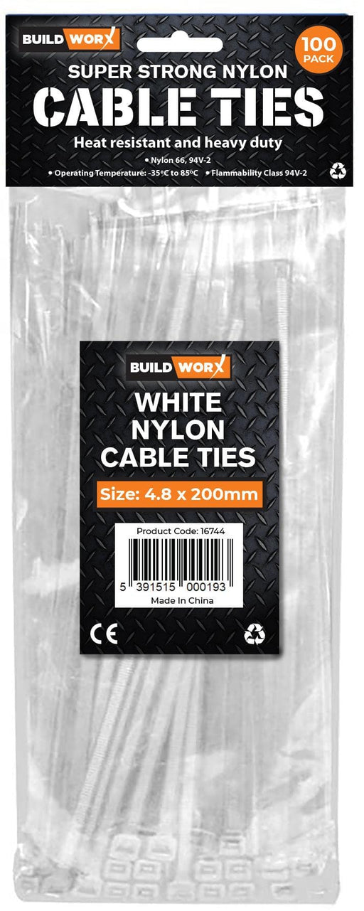 Buildworx Cable Ties 4.8 x 200 White (Pack of 100) - General Hardware Supplies Homevalue