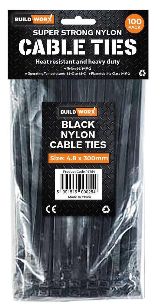 Buildworx Cable Ties 4.8 x 300 Black (Pack of 100) - General Hardware Supplies Homevalue
