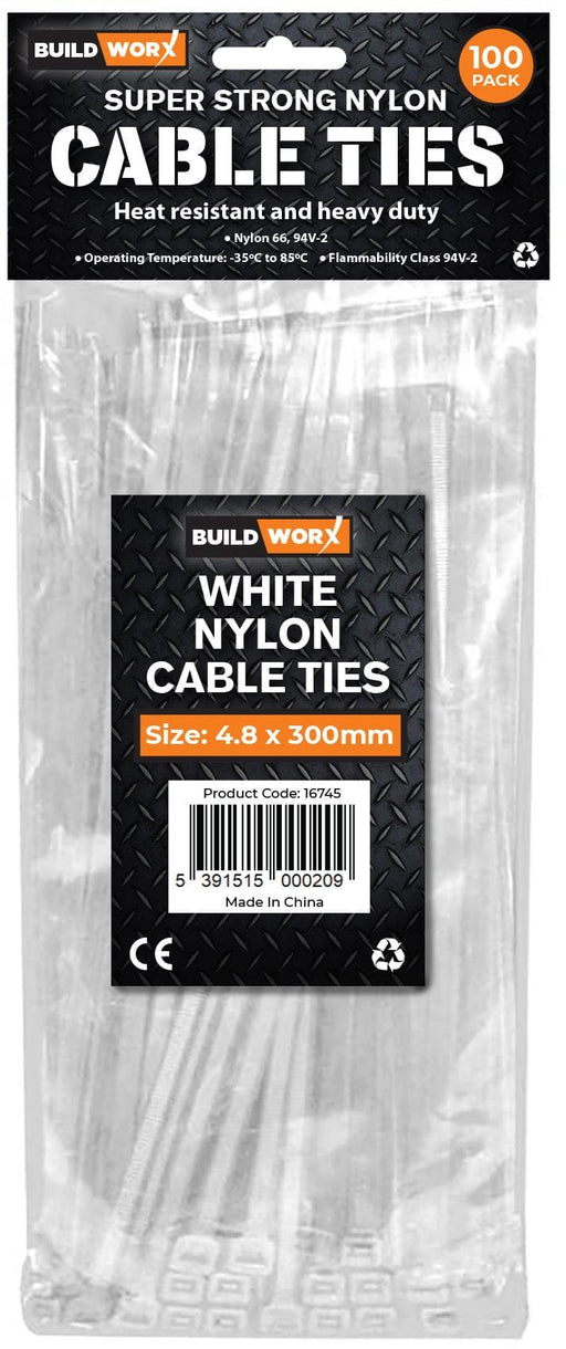 Buildworx Cable Ties  4.8 x 300 White (Pack of 100) - General Hardware Supplies Homevalue