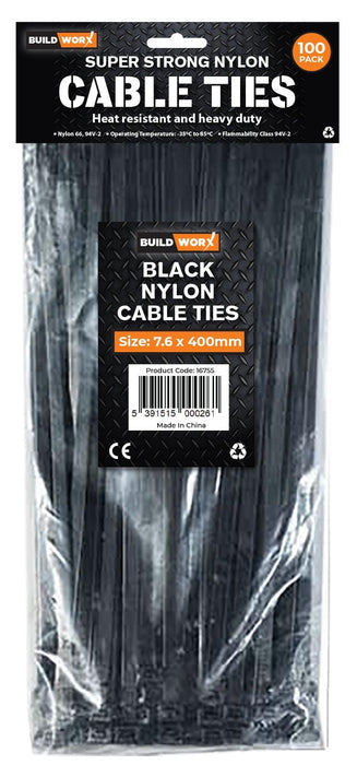 Buildworx Cable Ties 7.6 x 400 Black (Pack of 100) - General Hardware Supplies Homevalue