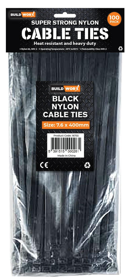 Buildworx Cable Ties 7.6 x 400 Black (Pack of 100) - General Hardware Supplies Homevalue