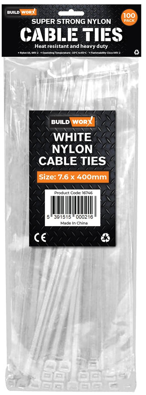 Buildworx Cable Ties 7.6 x 400 White (Pack of 100) - General Hardware Supplies Homevalue
