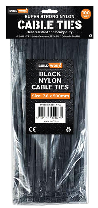 Buildworx Cable Ties 7.6 X 500 Black (Pack of 100) - General Hardware Supplies Homevalue