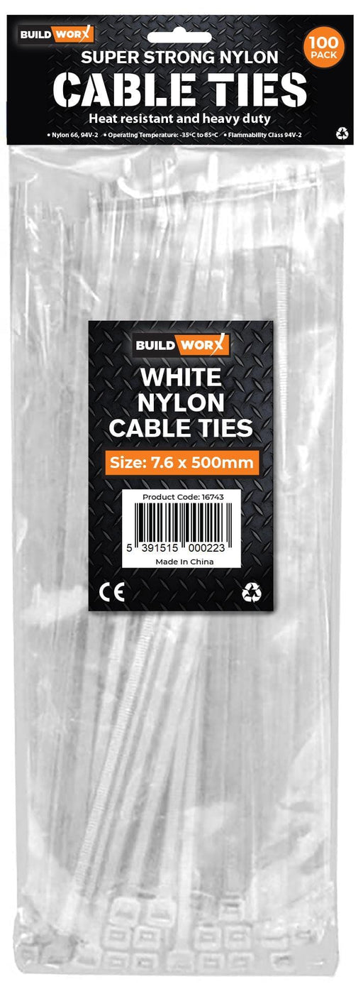 Buildworx Cable Ties 7.6 X 500 White (Pack of 100) - General Hardware Supplies Homevalue