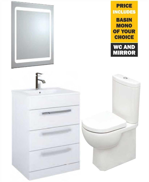 Sonas 60 Turin White 3 Drawers Vanity Pack With Mirror, Tap And Tonique Wc - *Special Offer - General Hardware Supplies Homevalue